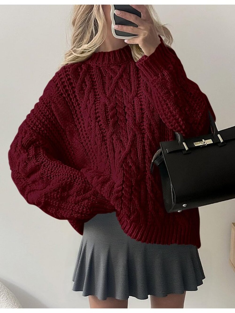 Women's Burgundy Cozy Long Sleeve Loose Fitting Classic Crew Neck Fall Sweaters - Picture 6 of 6